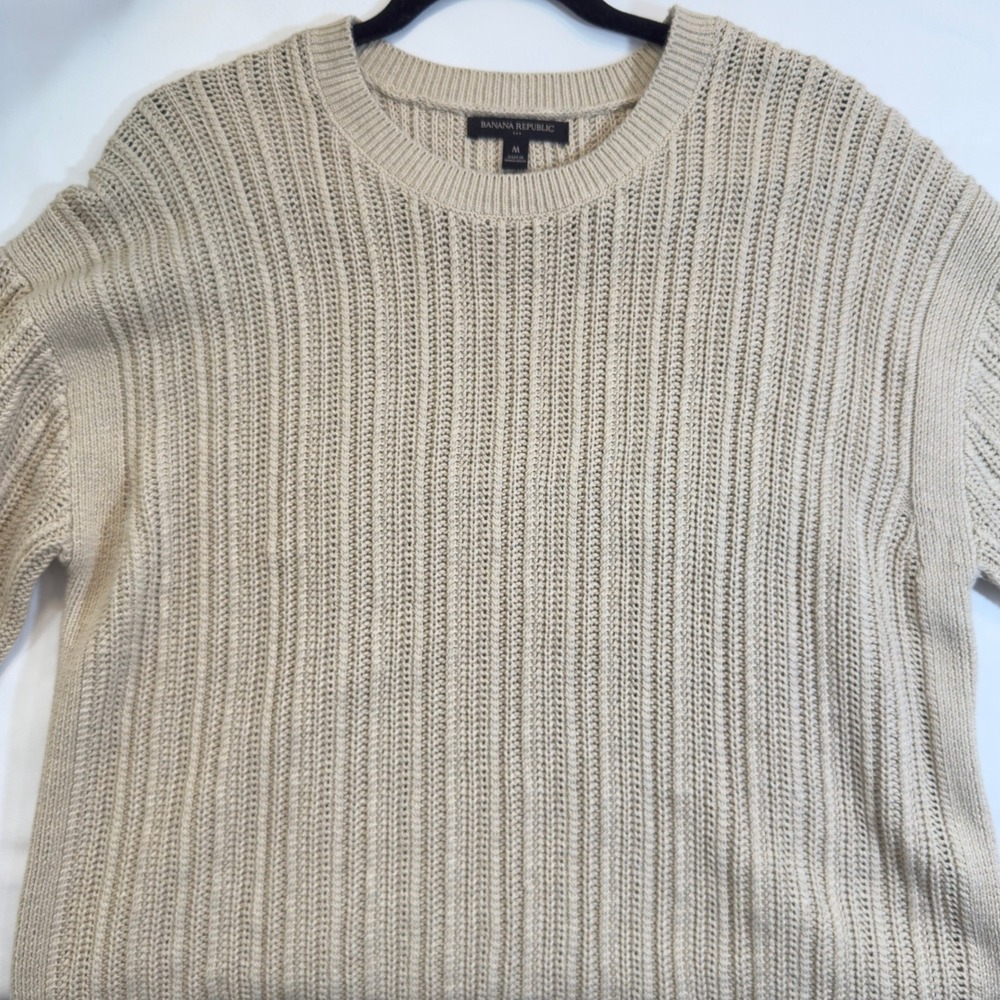 Banana Republic Womens Oatmeal Beige Ribbed 100$ Cotton Short Sleeve Sweater Med